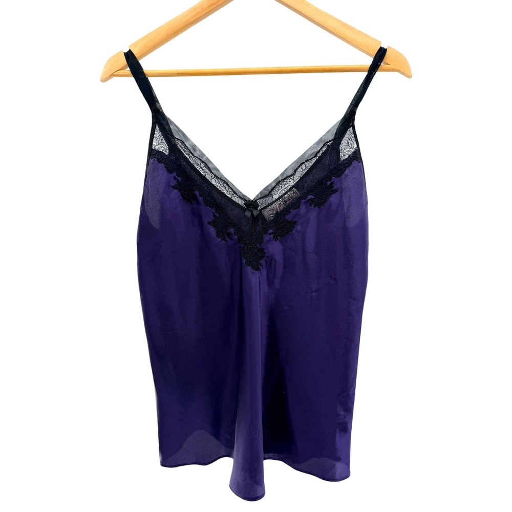 Oscar de la Renta Pink Label Satin Camisole Purple Lace Trim V-Neck Slip Top M